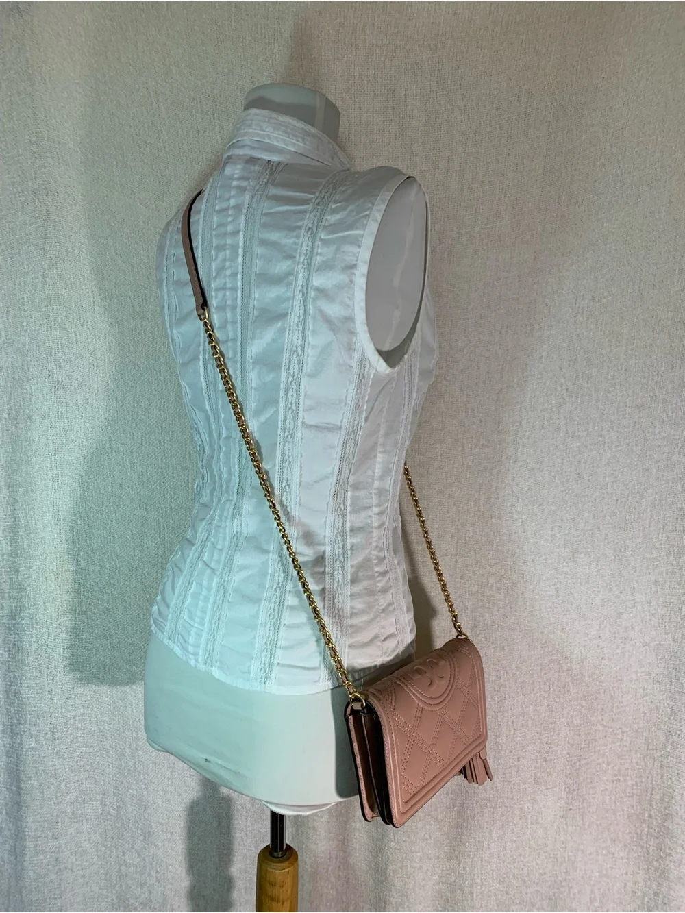 Tory Burch Fleming Pink Moon Quilted Leather Chain Wallet Crossbody Bag